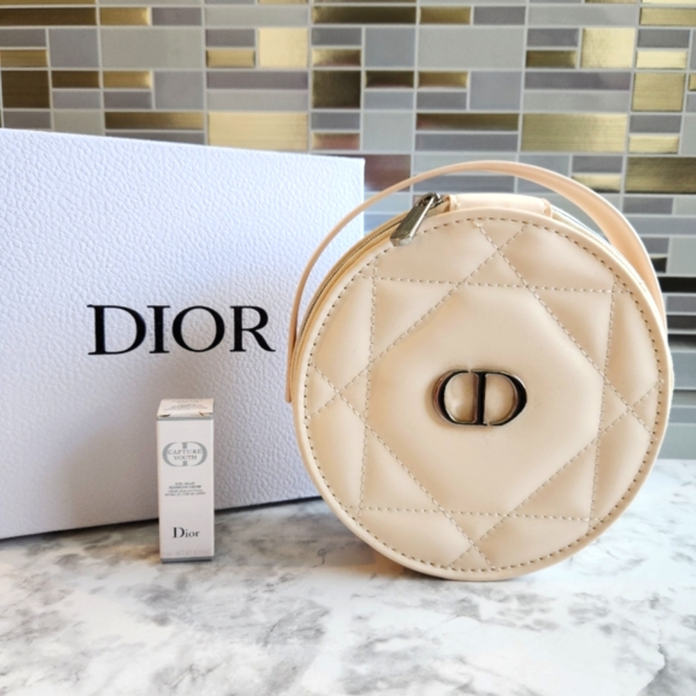 CHRISTIAN DIOR CANNAGE ROUND VEGAN LEATHER COSMETIC MAKEUP VANITY HARD CASE BAG